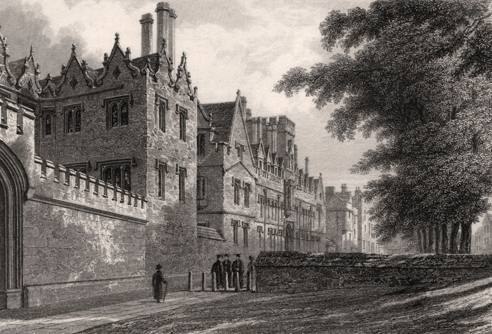 Front of Saint John's College, Oxford, by John Le Keux 1837 old antique print